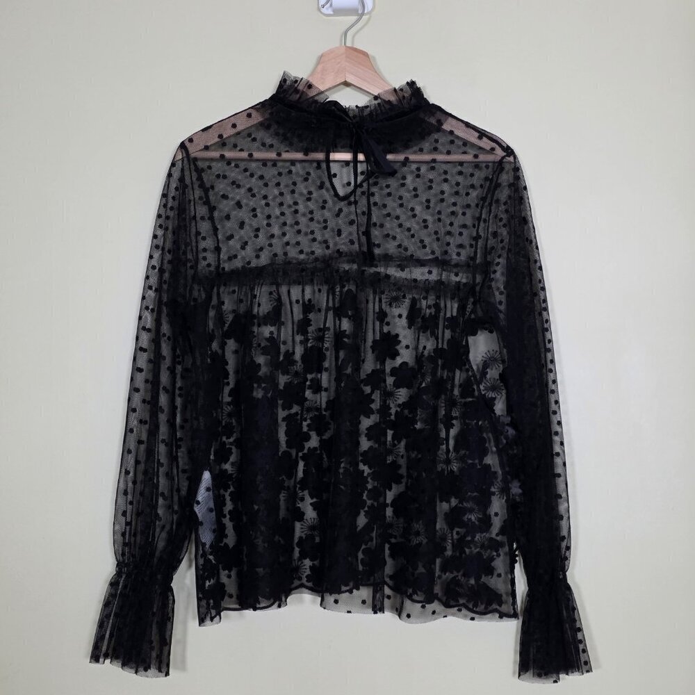 Rinascimento Top Womens L Black Sheer Floral Application LS Swiss Dot Whimsigoth